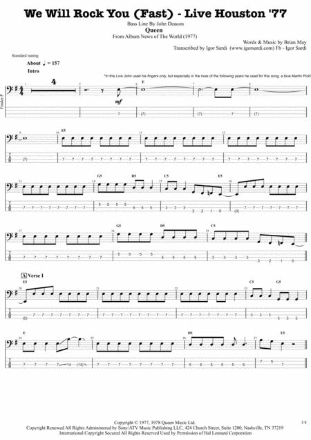 Queen We Will Rock You Fast Version Live Houston 77 Complete And Accurate Bass Transcription Whit Tab Sheet Music