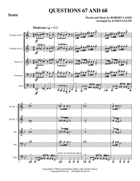 Free Sheet Music Questions 67 And 68 For Brass Quintet