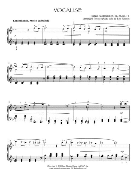 Free Sheet Music Rachmaninoff Vocalise Easy Piano