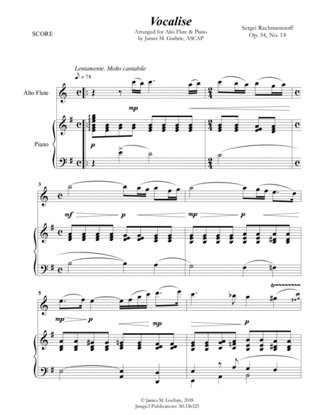 Rachmaninoff Vocalise For Alto Flute Piano Sheet Music