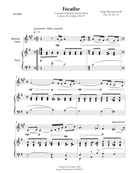 Rachmaninoff Vocalise For Baritone Horn Piano Sheet Music