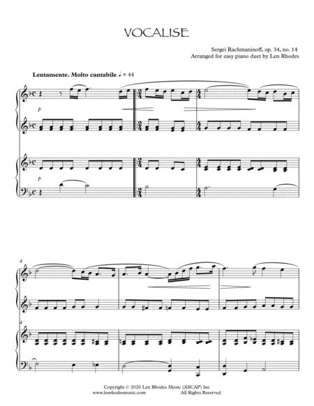 Free Sheet Music Rachmaninoff Vocalise Piano Duet Arranged For The Intermediate Pianist