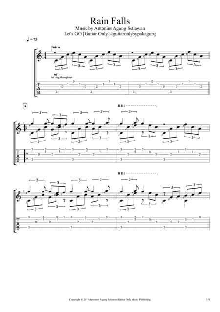 Rain Falls Solo Guitar Tablature Sheet Music