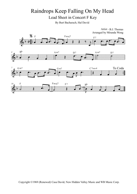 Free Sheet Music Raindrops Keep Fallin On My Head Alto Tenor Or Soprano Saxophone Concert Key