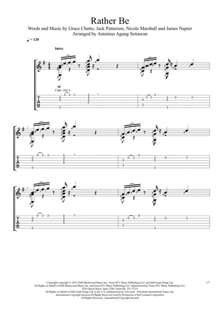 Free Sheet Music Rather Be Fingerstyle Guitar Solo