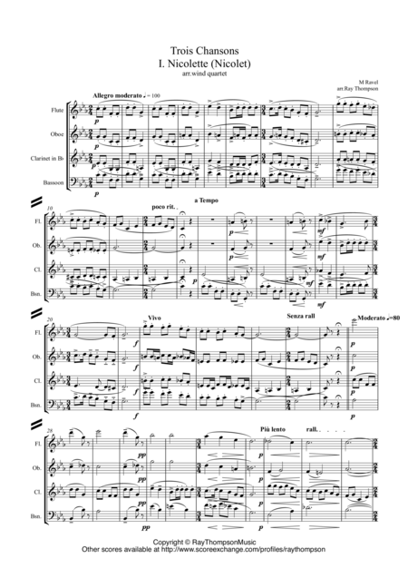 Ravel Trois Chansons Three Songs Includes Three Lovely Birds Of Paradise Arr Wind Quartet Sheet Music