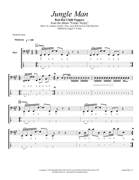 Free Sheet Music Red Hot Chili Peppers Jungle Man Bass Tab