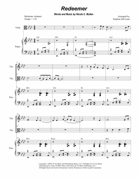 Free Sheet Music Redeemer Duet For Violin And Viola