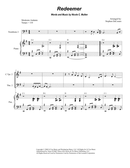 Redeemer For Brass Quartet And Piano Alternate Version Sheet Music