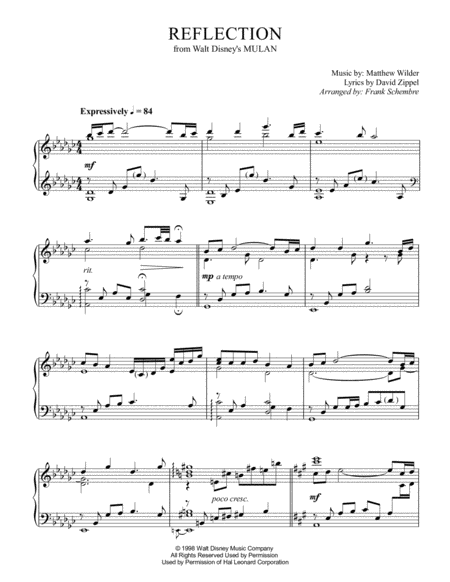 Free Sheet Music Reflection From Walt Disneys Mulan