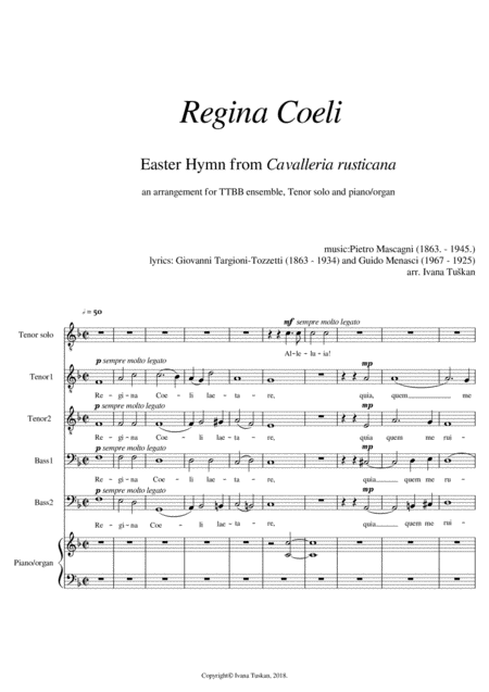 Free Sheet Music Regina Coeli F Major Ttbb Tenor Solo Piano Organ Reduced Version