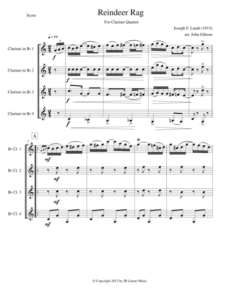 Reindeer Rag By Joseph Lamb For Clarinet Quartet Sheet Music