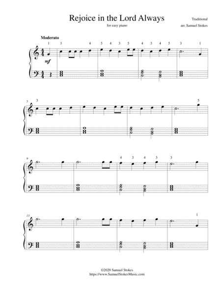 Free Sheet Music Rejoice In The Lord Always For Easy Piano