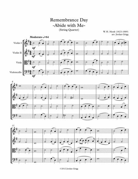 Remembrance Day Abide With Me String Quartet Sheet Music