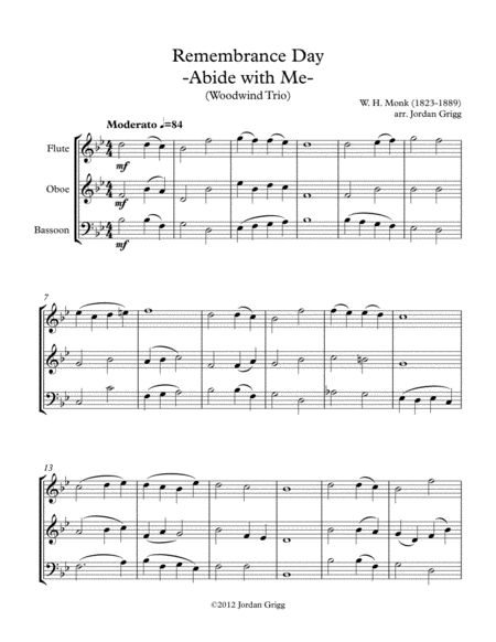 Free Sheet Music Remembrance Day Abide With Me Woodwind Trio