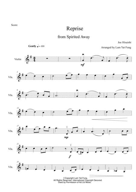 Reprise From Spirited Away By Joe Hisaishi Sheet Music