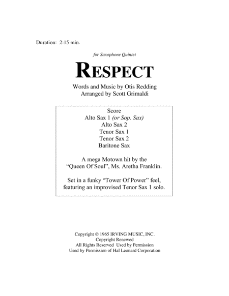 Respect For Saxophone Quintet Aattb Or Sattb Sheet Music