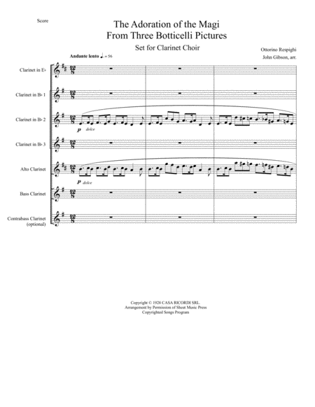 Free Sheet Music Respighi Adoration Of The Magi Set For Clarinet Choir