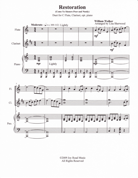 Free Sheet Music Restoration Come Ye Sinners Flute Clarinet Duet With Piano