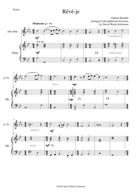 Free Sheet Music Reve Je For Alto Flute And Harp