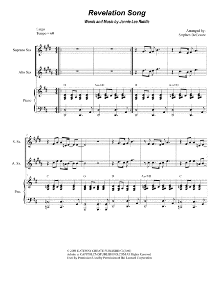 Revelation Song For Saxophone Quartet Sheet Music