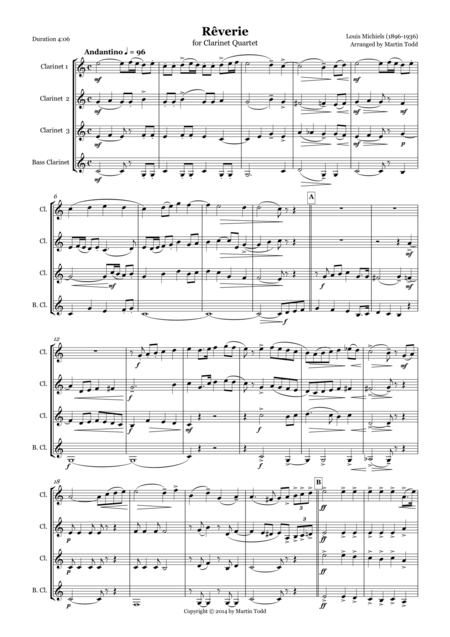 Free Sheet Music Reverie For Clarinet Quartet