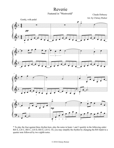 Reverie From Westworld Easy Piano Sheet Music