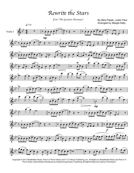 Rewrite The Stars From The Greatest Showman For String Quartet Sheet Music