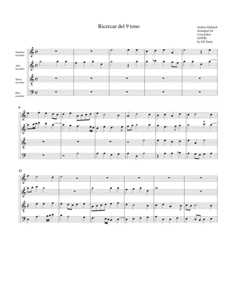 Ricercar Del 9 Tono Arrangement For 4 Recorders Sheet Music