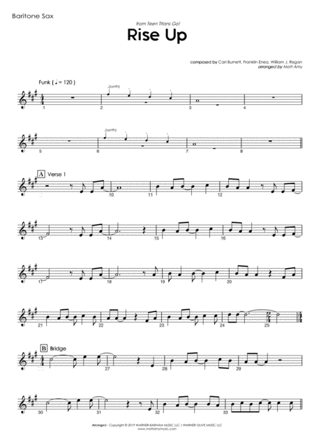 Rise Up From Teen Titans Go Baritone Saxophone Play Along Sheet Music