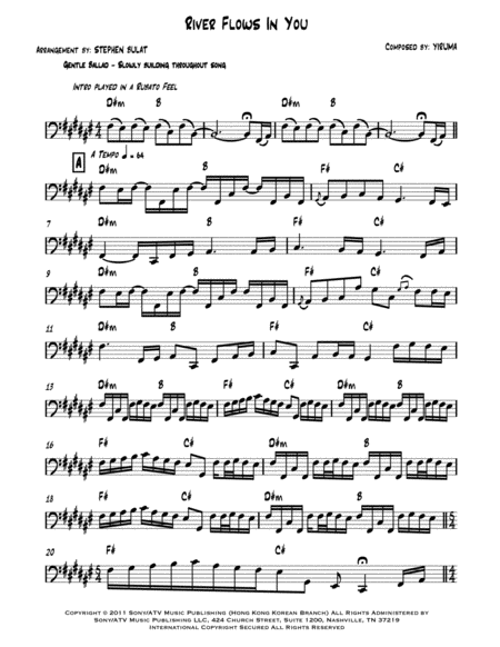 Free Sheet Music River Flows In You Yiruma Arranged For Cello Bassoon Or Trombone Key Of D M