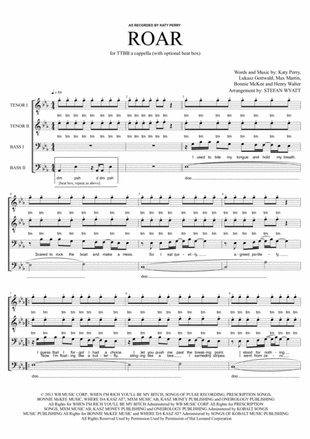 Roar Ttbb A Cappella Sheet Music