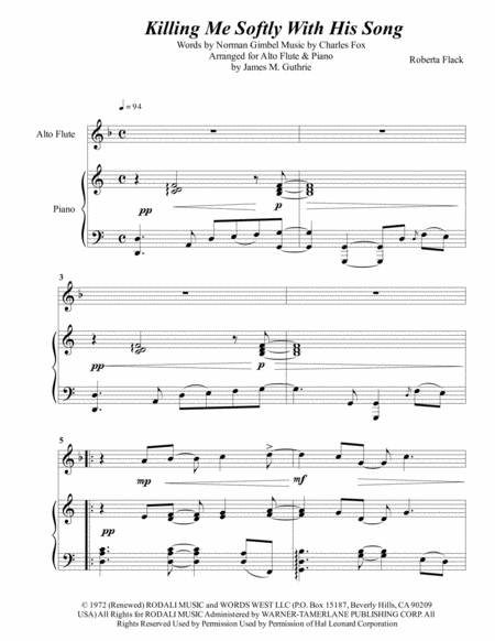 Free Sheet Music Roberta Flack Killing Me Softly With His Song For Alto Flute Piano