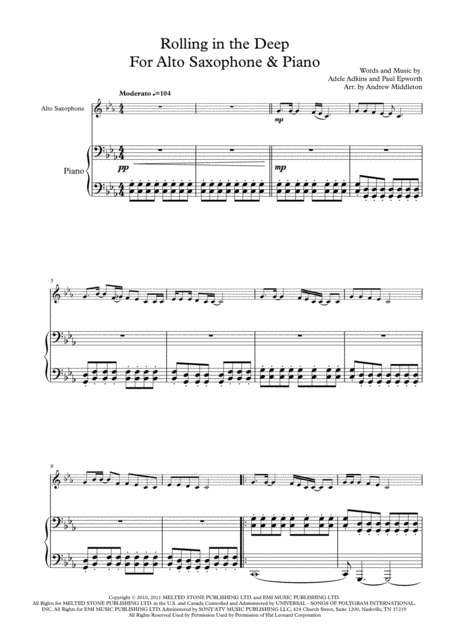 Free Sheet Music Rolling In The Deep Arranged For Alto Saxophone Piano