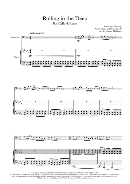 Rolling In The Deep Arranged For Cello Piano Sheet Music