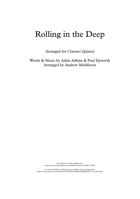 Rolling In The Deep Arranged For Clarinet Quintet Sheet Music