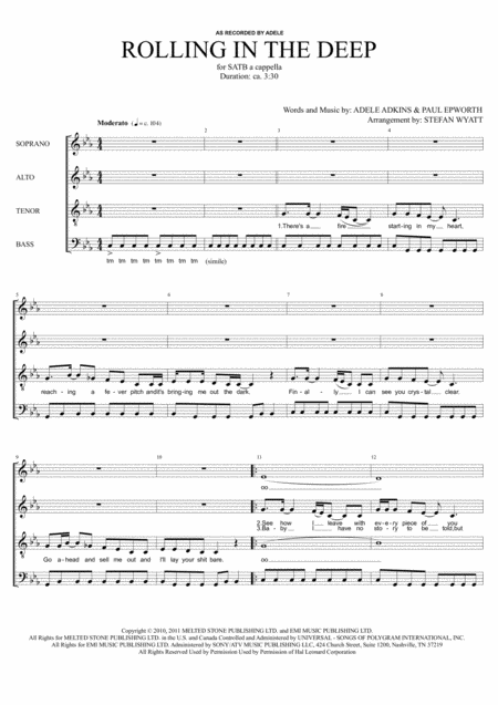 Free Sheet Music Rolling In The Deep Satb A Cappella