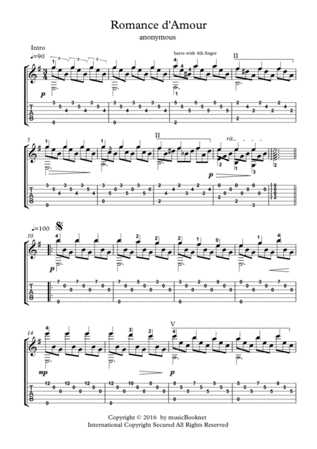 Romance D Amour For Guitar Sheet Music