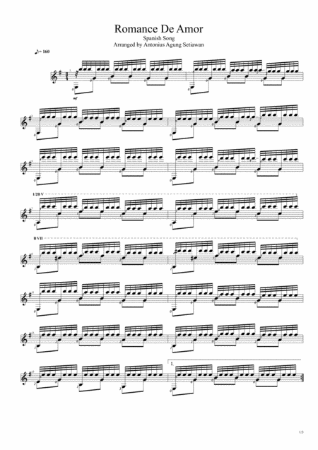 Romance De Amor Tremolo Solo Guitar Score Sheet Music