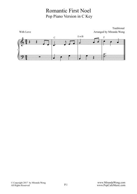 Romantic First Noel Easy Piano Solo In C Key With Chords Sheet Music