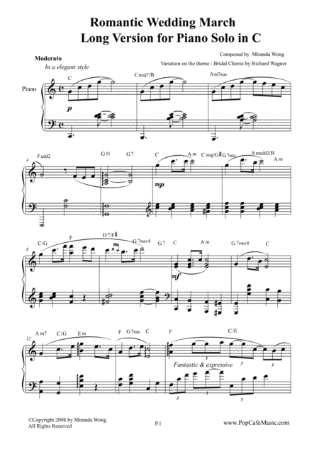 Romantic Wedding March By Miranda Wong Long Version For Piano Solo In C Key Sheet Music