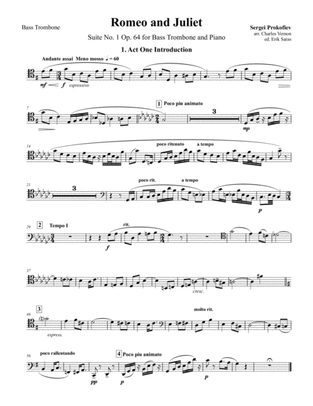 Romeo And Juliet Suite No 1 Op 64 For Bass Trombone Piano Sheet Music