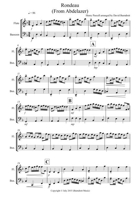 Rondeau From Abdelazer For Flute And Bassoon Sheet Music