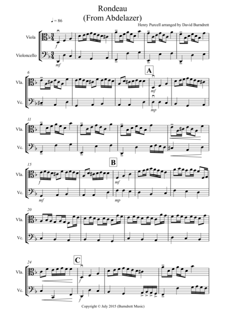 Rondeau From Abdelazer For Viola And Cello Duet Sheet Music