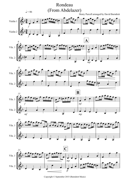 Rondeau From Abdelazer For Violin Duet Sheet Music