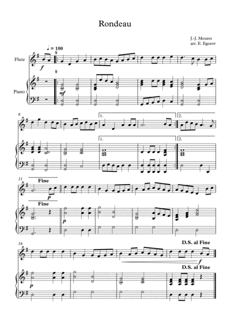 Free Sheet Music Rondeau Jean Joseph Mouret For Flute Piano