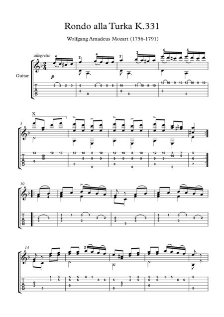 Free Sheet Music Rondo Alla Turca Classical Guitar Solo