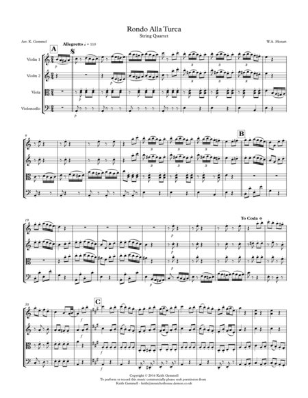 Free Sheet Music Rondo Alla Turka String Quartet