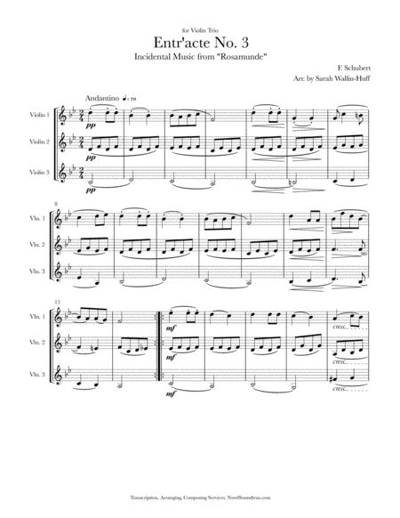 Rosamunde Entr Acte No 3 For Three Violins Sheet Music