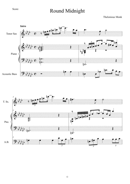 Free Sheet Music Round Midnightt Monk Score And Individual Parts Tenor Sax Piano Bass